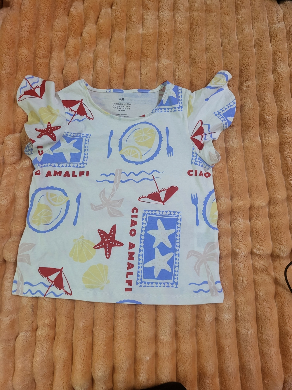 H&M White Kids Graphic Ruffle-Sleeve Tee with Red, Blue & Yellow Prints